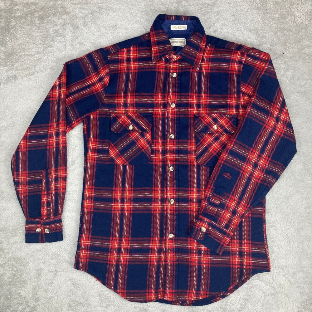 Vintage Timber Run Flannel Shirt‎ Mens Medium Red Blue Plaid Long Sleeve Button